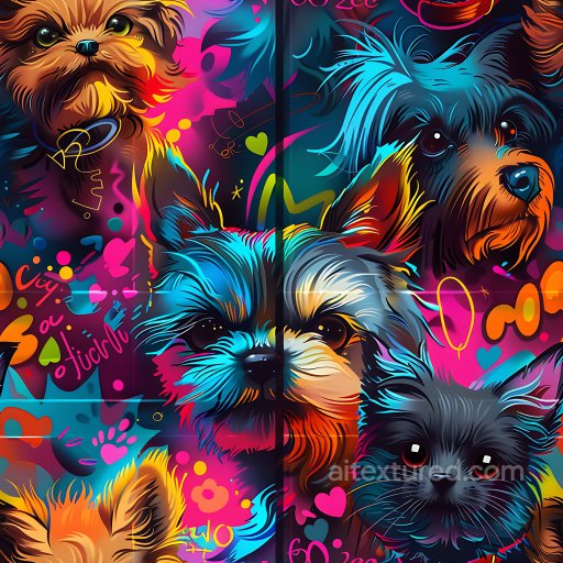 Seamless 3D PBR Graffiti Texture Featuring Vibrant Dog Portraits and Neon Tags texture preview