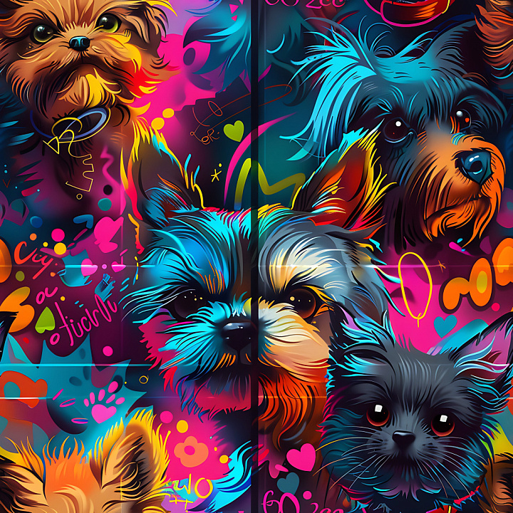 Graffiti Featuring Vibrant Dog Portraits and Neon Tags seamless PBR texture preview