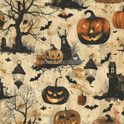 Seamless 3D PBR Vintage Halloween Fabric Texture with Pumpkins, Bats, and Crowded Pattern
