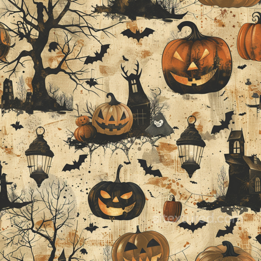 Vintage Halloween Seamless 3D PBR Fabric Texture Featuring Pumpkins, Bats & Haunted Houses seamless Vintage Halloween PBR texture