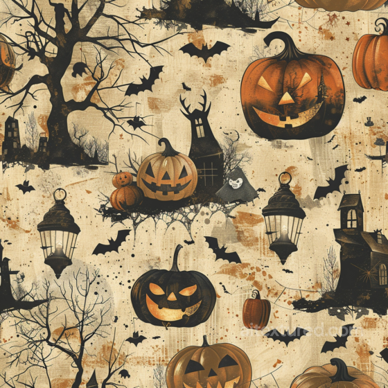 Vintage Halloween Seamless 3D PBR Fabric Texture Featuring Pumpkins, Bats & Haunted Houses Vintage Halloween texture preview
