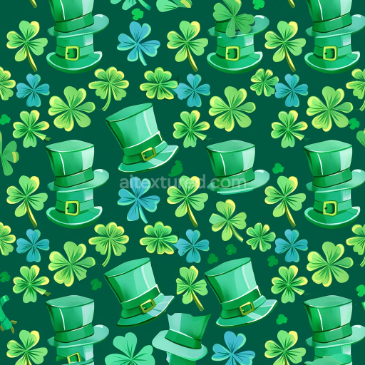 Seamless 3D PBR Digital Paper Texture Featuring Green St Patrick Hats and Shamrocks