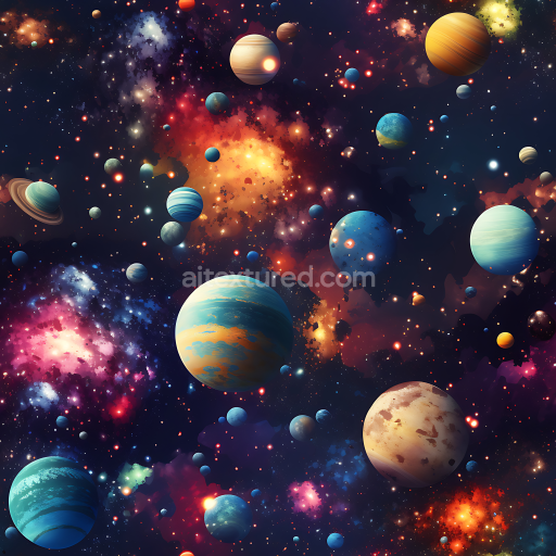 Seamless 3D Space PBR Texture Featuring Galactic Planets and Vibrant Nebula Clouds