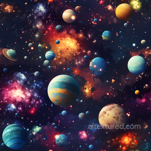 Space PBR Texture Featuring Galactic Planets and Vibrant Nebula Clouds seamless Star, space, planets PBR texture