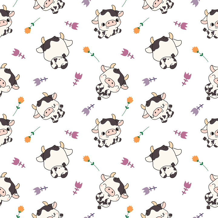 Pattern Featuring Playful Cartoon Cows and Delicate Floral Motifs seamless PBR texture preview