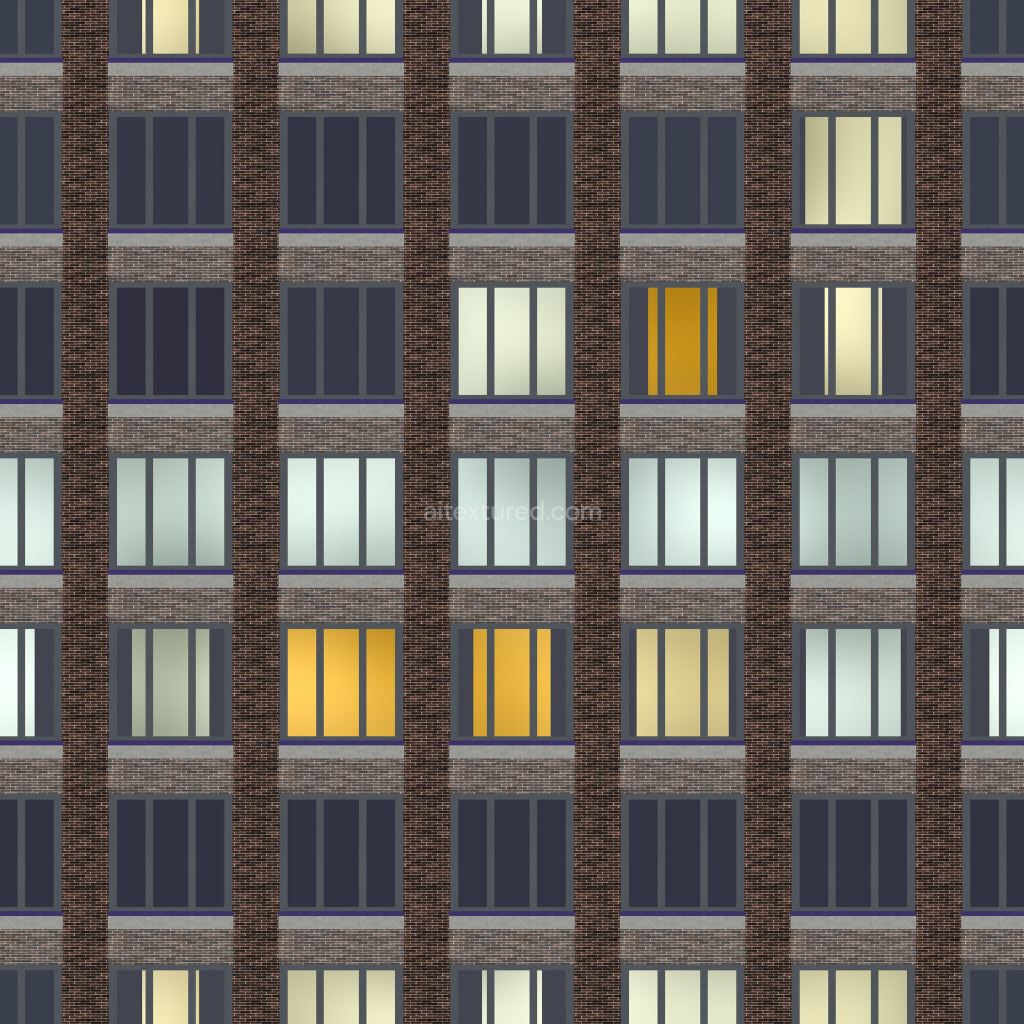 Seamless PBR facade texture with windows and brick detail