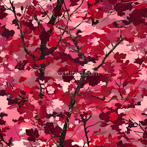 Seamless 3D Autumn Leaf Camouflage PBR Texture with Red & Pink Foliage and Branch Detail