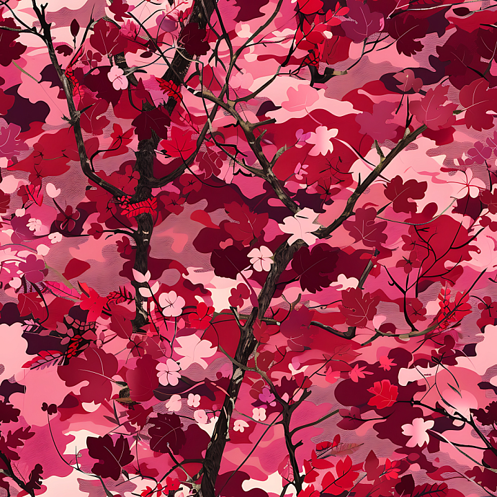 Autumn Leaf Camouflage with Red & Pink Foliage and Branch Detail seamless PBR texture preview