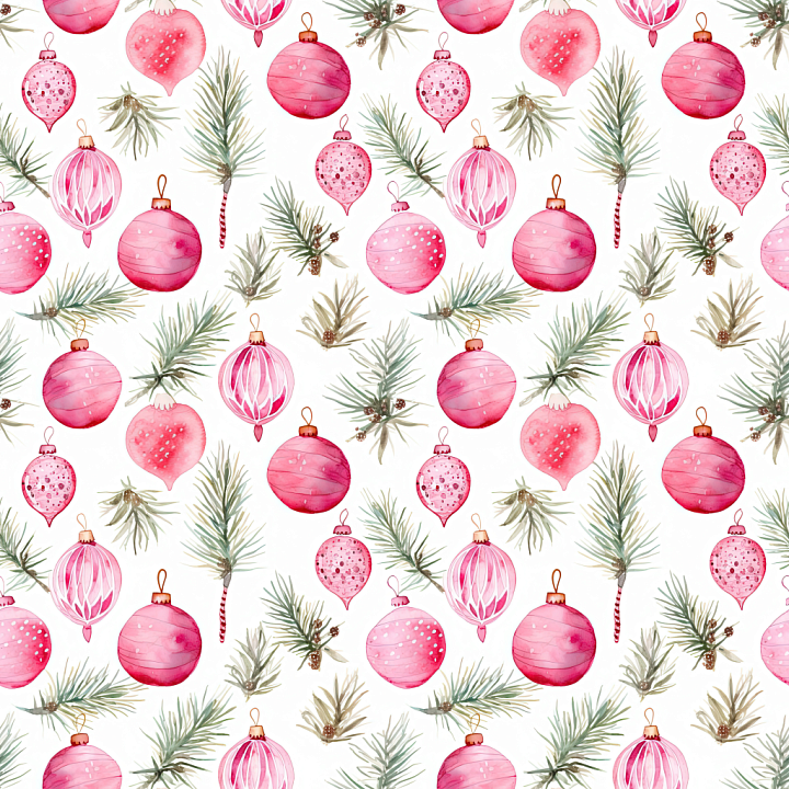 All Christmas Digital paper of Pink Christmas Ornaments and Pine Sprigs… seamless PBR texture preview