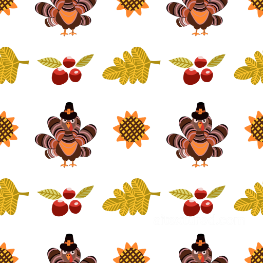 Thanksgiving Texture with Cartoony Turkey, Sunflower, and Fall Leaves Pattern seamless Thanksgiving PBR texture