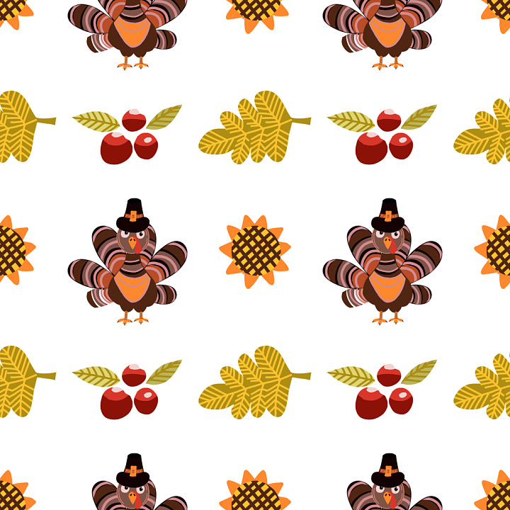 Thanksgiving with Cartoony Turkey, Sunflower, and Fall Leaves Pattern seamless PBR texture preview