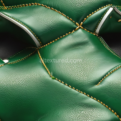 Seamless 3D Quilted Green Leather PBR Texture Featuring Distinct Pebbled Grain and Gold Stitched Panels
