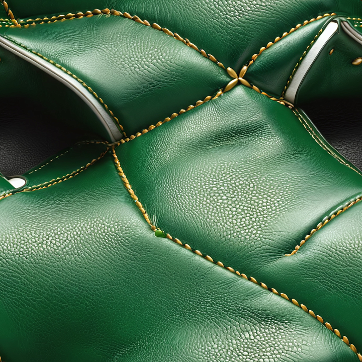 Quilted Green Leather Featuring Distinct Pebbled Grain and Gold Stitche… seamless PBR texture preview