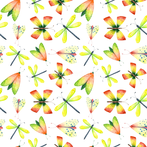 Seamless 3D PBR Texture with Colorful Watercolor Dragonfly and Butterfly Pattern