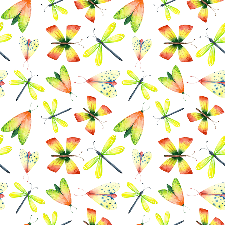 with Colorful Watercolor Dragonfly and Butterfly Pattern seamless PBR texture preview