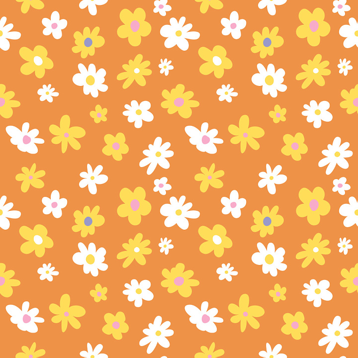 Pattern Featuring Playful Yellow and White Daisy Motifs on Warm Orange seamless PBR texture preview