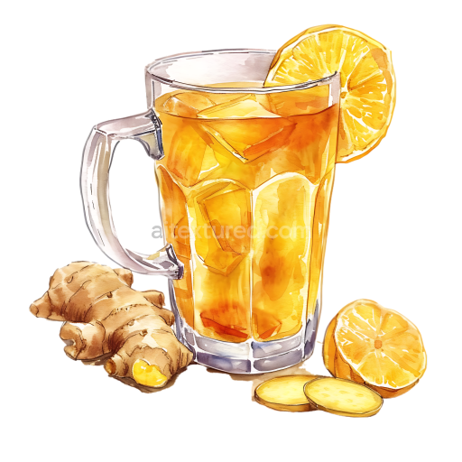 Breakfast Graphic of Iced Ginger Tea with Lemon Slice and Fresh Ginger Root