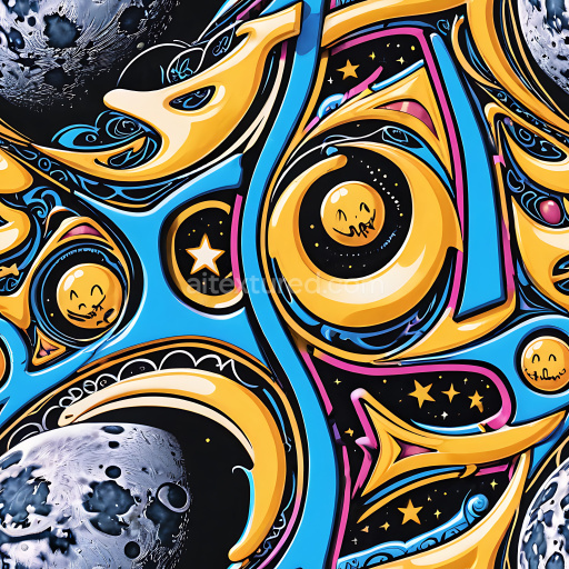 Seamless 3D PBR Graffiti Texture Featuring Cosmic Yellow and Blue Urban Artwork