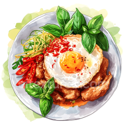 seamless Breakfast Pad Krapow Moo Saap with Fried Egg and Fresh Basil Illustration texture 8k free download PBR