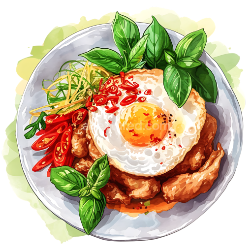 Breakfast Pad Krapow Moo Saap with Fried Egg and Fresh Basil Illustration