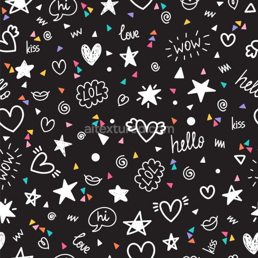 Seamless 3D PBR Doodle Pattern Texture with Playful Hearts and Stars on Black