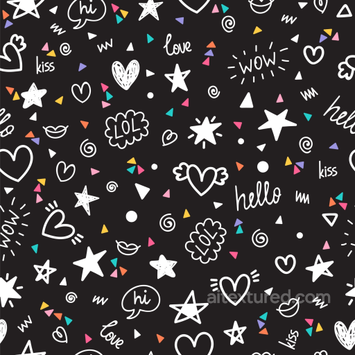 Doodle Pattern Texture with Playful Hearts and Stars on Black seamless Birthday PBR texture