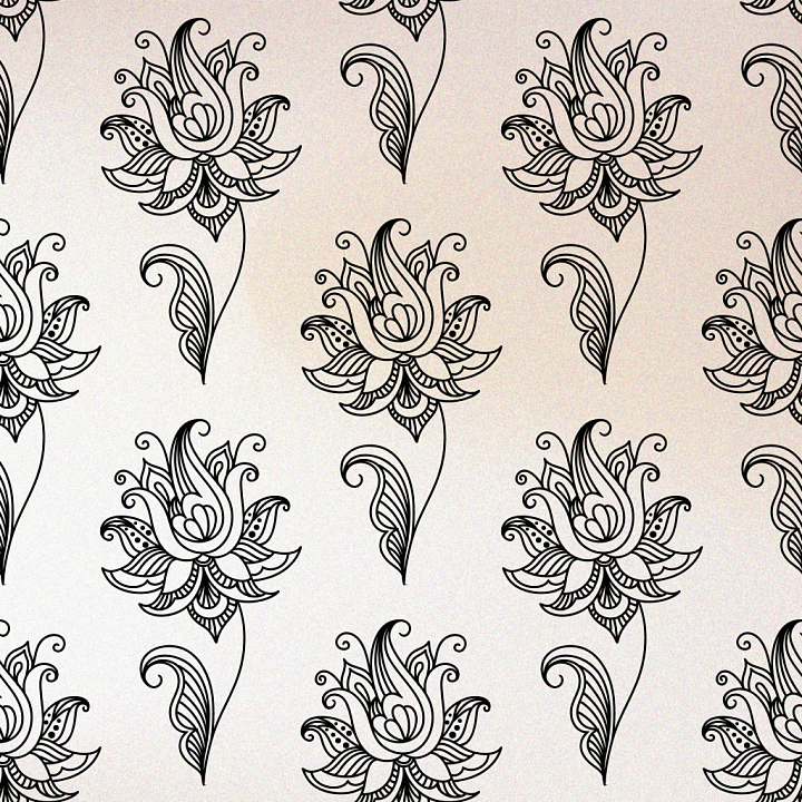 Retro Paisley Fabric with Black Floral Pattern on Light Background seamless PBR texture preview
