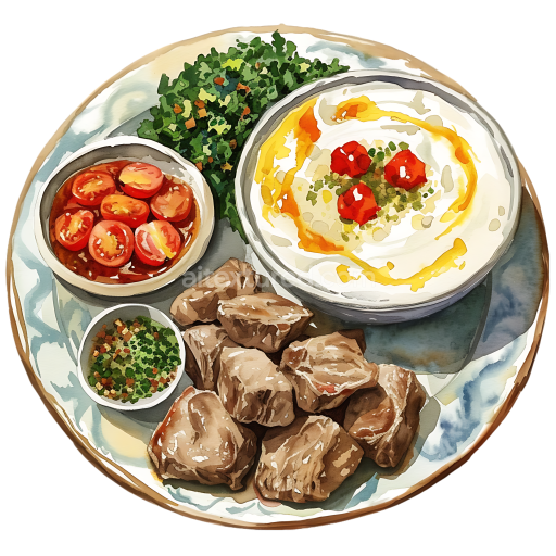 Illustrated Jordanian Mansaf Lamb Breakfast with Yogurt and Fresh Herbs