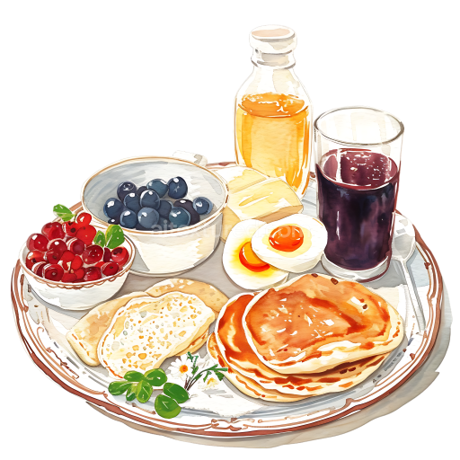 Watercolor Blini Breakfast Platter with Berries and Juice