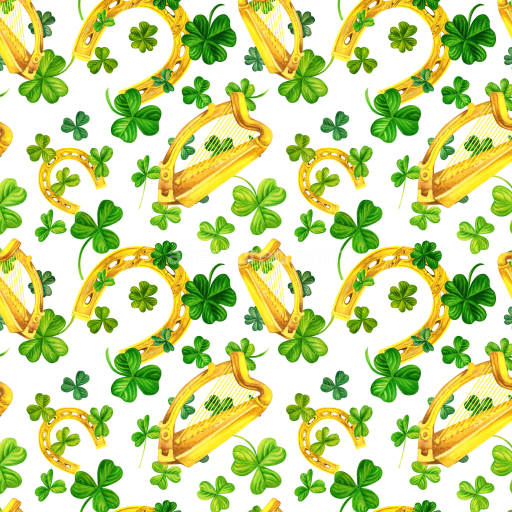 Seamless 3D PBR Texture with St Patrick Gold Harps and Clover Leaves