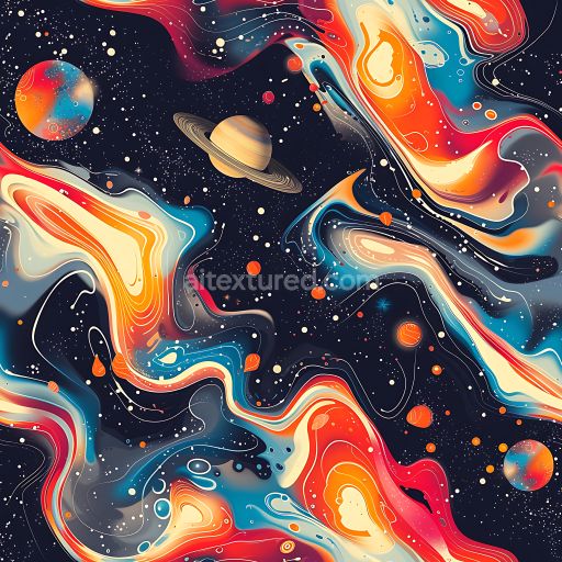 Seamless 3D Space PBR Texture Featuring Vibrant Cosmic Nebulae and Detailed Starfield with Planetary Elements