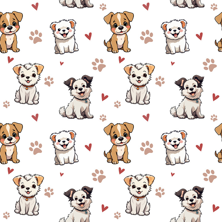 Cute Cartoon Dog Pattern with Hearts and Paw Prints seamless PBR texture preview