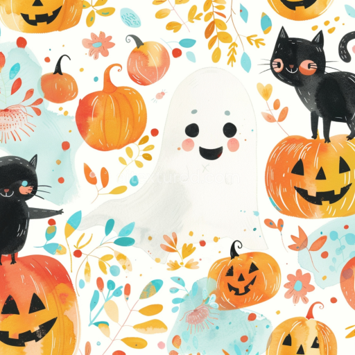 Seamless 3D PBR Watercolor Halloween Texture with Pumpkins, Ghosts, and Black Cats