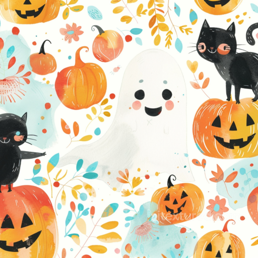 Watercolor Halloween Texture with Pumpkins, Ghosts, and Black Cats seamless Watercolor Halloween PBR texture