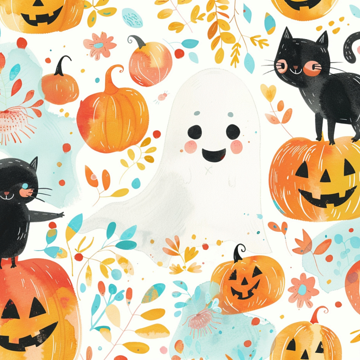 Watercolor Halloween with Pumpkins, Ghosts, and Black Cats seamless PBR texture preview