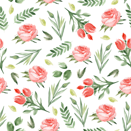 Seamless 3D PBR Pink Flower Watercolor Pattern Texture with Roses and Leaves