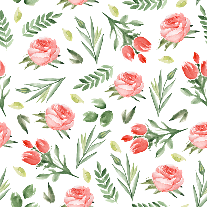 Pink Flower Watercolor Pattern with Roses and Leaves seamless PBR texture preview