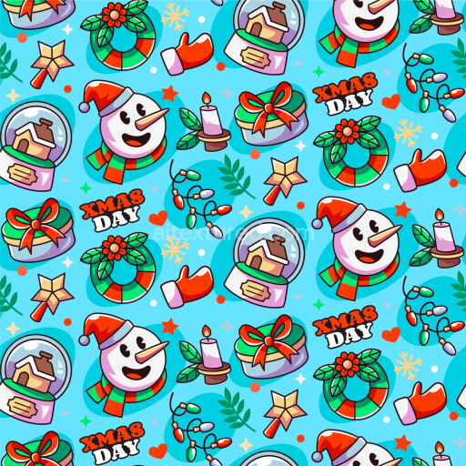 Seamless 3D PBR Texture with Colorful Cartoon Christmas Icons on Bright Blue