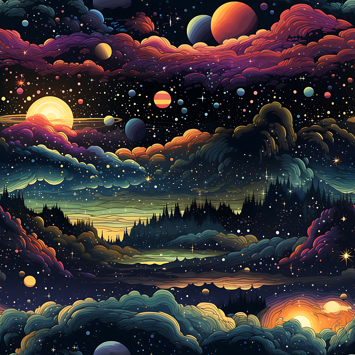 Space Featuring Vibrant Nebula Clouds and Cosmic Planets seamless PBR texture preview