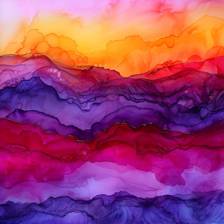 Alcohol Ink Featuring Vibrant Sunset Waves and Fluid Color Layers seamless PBR texture preview