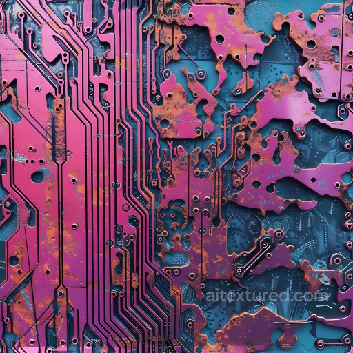 Rusty Cracked Metal Circuit Board Texture with Pink and Blue Layers seamless Cracked & Holes PBR texture