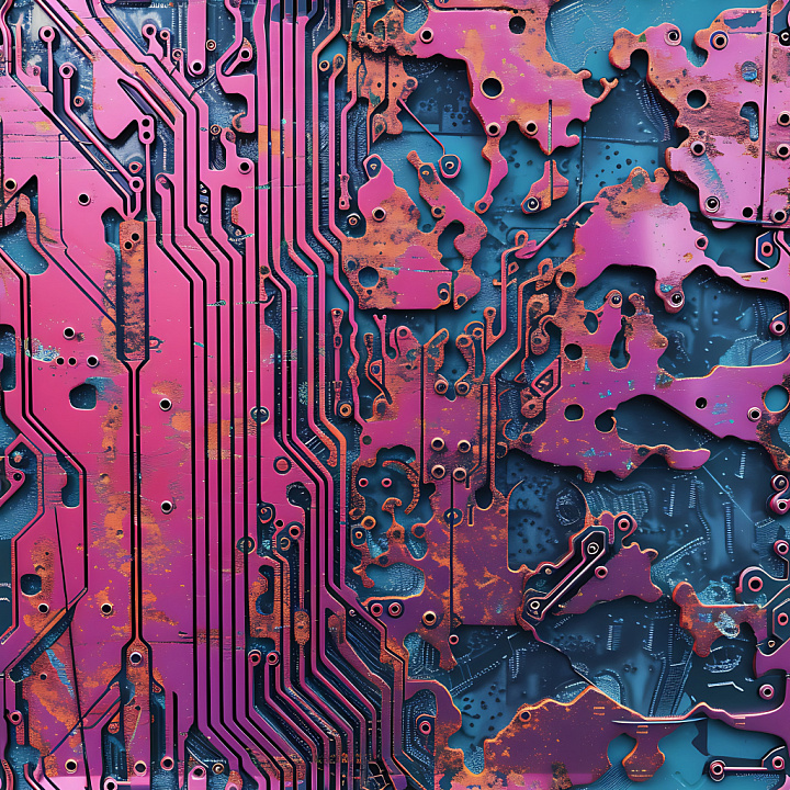 Rusty Cracked Metal Circuit Board with Pink and Blue Layers seamless PBR texture preview
