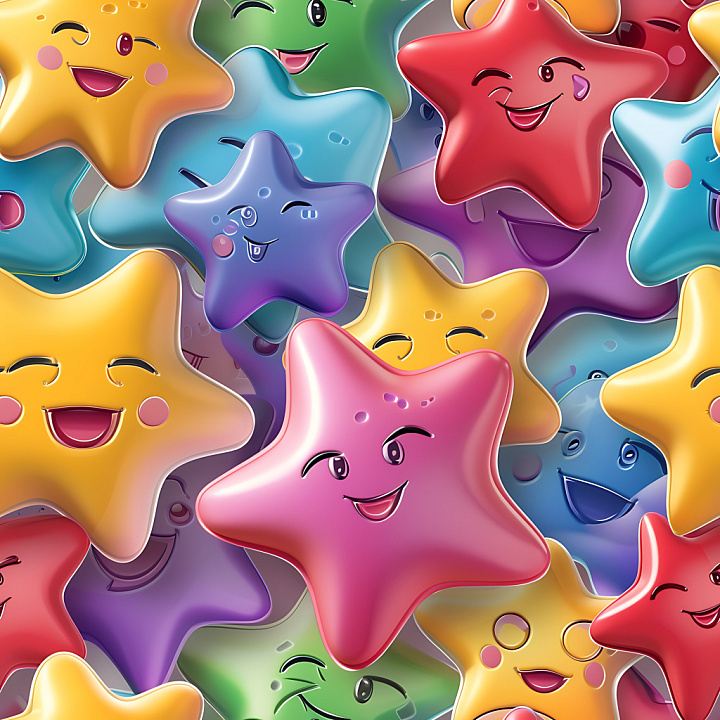 Inflated of Colorful Puffy Star-Shaped Cushions with Playful Faces seamless PBR texture preview
