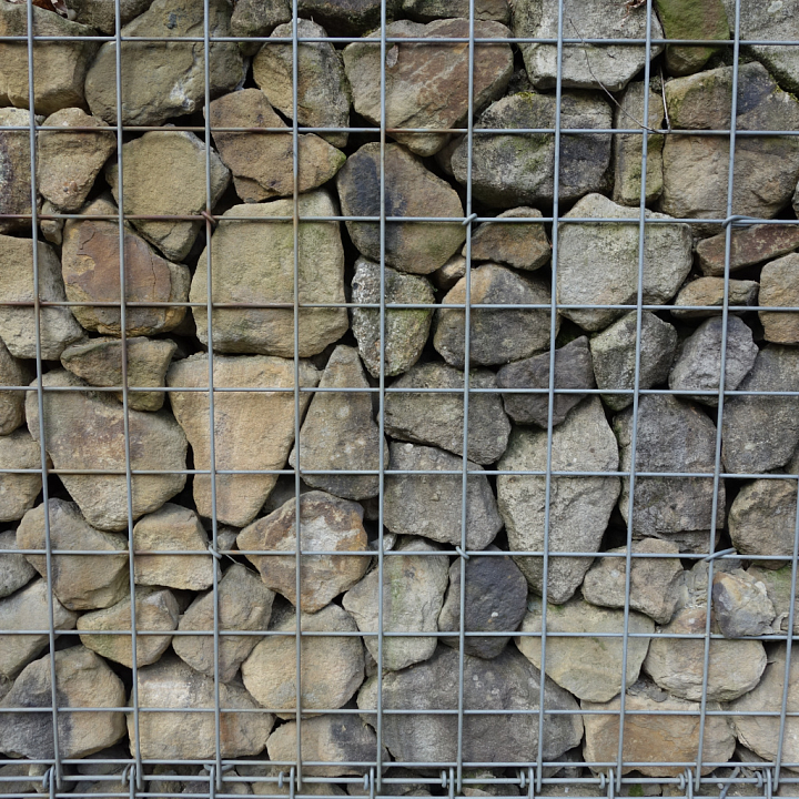 Stone Rock Gabion Wall with Metal Wire Grid seamless PBR texture preview