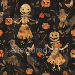 seamless Seamless 3D PBR Vintage Halloween Fabric Texture Featuring Scarecrows and Crows on Dark Background texture 8k free download PBR