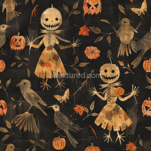 Seamless 3D PBR Vintage Halloween Fabric Texture with Spooky Patchwork Scarecrows and Autumn Motifs