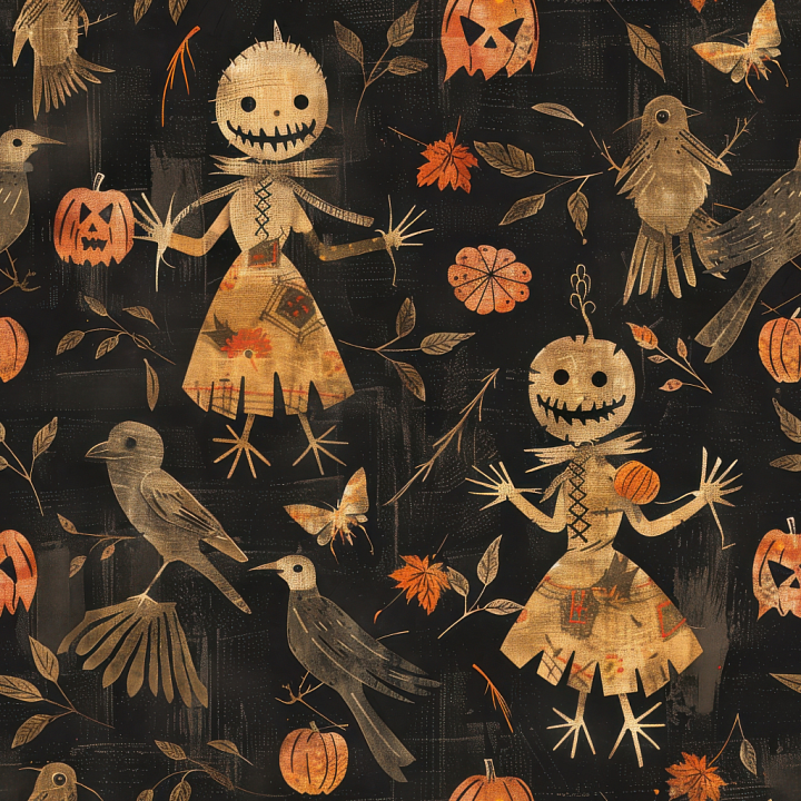 Vintage Halloween Fabric Featuring Scarecrows and Crows on Dark Backgro… seamless PBR texture preview