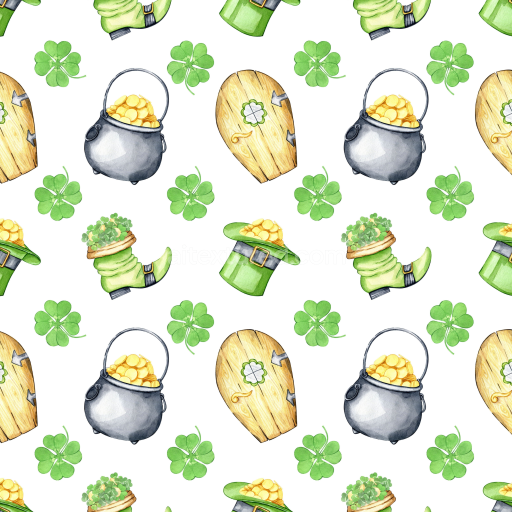 Seamless 3D PBR Texture of St Patrick Digital Paper with Watercolor Leprechaun Elements