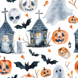 seamless Seamless 3D PBR Watercolor Halloween Texture Featuring Pumpkins, Bats, and Spooky Houses texture 8k free download PBR