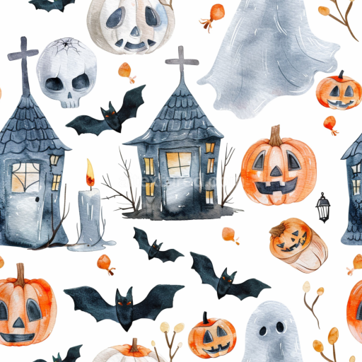 Seamless 3D PBR Watercolor Halloween Texture Featuring Pumpkins, Bats, and Spooky Houses